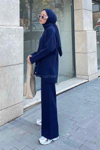 Navy Blue Shirt Collar Long Arm Knitwear Regular Trousers Comfortable Suit