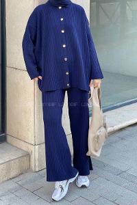 Navy Blue Shirt Collar Long Arm Knitwear Regular Trousers Comfortable Suit