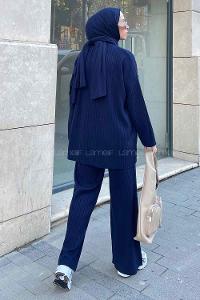 Navy Blue Shirt Collar Long Arm Knitwear Regular Trousers Comfortable Suit