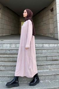 Lamelif Fitilli Triko Uzun Tesettür Elbise Pudra