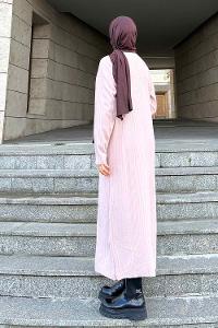 Lamelif Fitilli Triko Uzun Tesettür Elbise Pudra