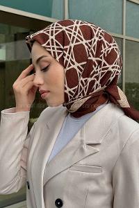 Lamelif Geometrik Desen Mio Caz Eşarp Kahverengi-Bej