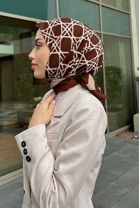 Lamelif Geometrik Desen Mio Caz Eşarp Kahverengi-Bej