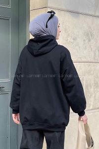 Lamelif Kapüşon Detaylı Kanguru Cep Sweatshirt Siyah