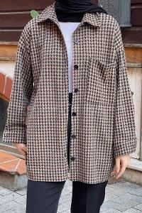 Modalamelif Kazayağı Desen Gömlek Sütlü Kahve