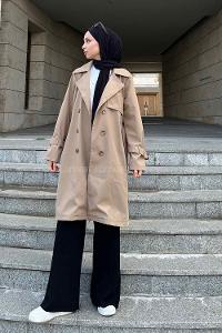 Dark Mink Long Arm Belted Cotton Trench Coat