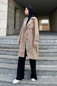 Dark Mink Long Arm Belted Cotton Trench Coat