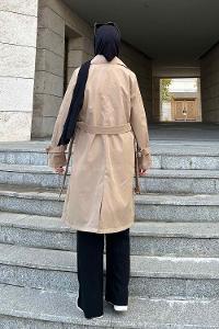 Dark Mink Long Arm Belted Cotton Trench Coat