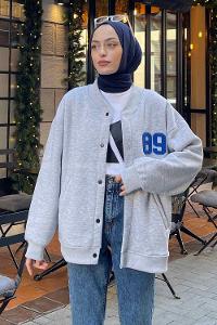 Gray Mandarin Collar Long Arm Cotton Fabric Jacket