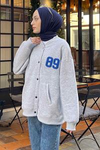 Gray Mandarin Collar Long Arm Cotton Fabric Jacket