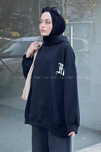 Black Hood Neck Long Arm Printed Sweatshirt