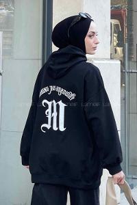 Black Hood Neck Long Arm Printed Sweatshirt
