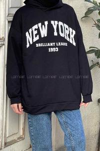 Lamelif Newyork Baskı Detaylı Kapüşonlu Sweatshirt Siyah