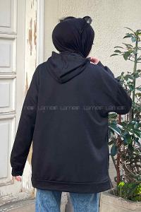Lamelif Newyork Baskı Detaylı Kapüşonlu Sweatshirt Siyah