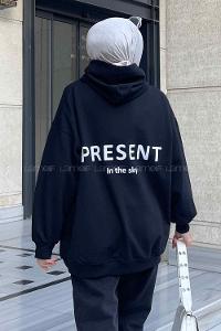 Lamelif Present Baskı Detaylı Sweatshirt Siyah
