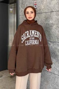 Lamelif Sacramento Baskılı Oversize Sweatshirt Acı Kahve