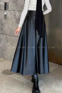 Lamelif Suni Deri Çan Etek Siyah