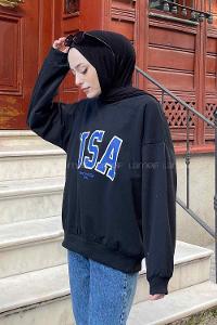 Lamelif Usa Baskı Detaylı Sweatshirt Siyah -Mavi