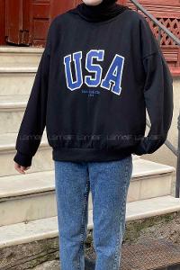 Lamelif Usa Baskı Detaylı Sweatshirt Siyah -Mavi