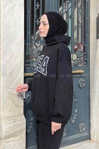 Black Hood Neck Long Arm Printed Sweatshirt