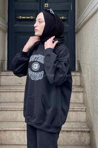 Black Hood Neck Long Arm Printed Sweatshirt
