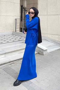 Lamelif Yelekli Triko Elbise Saks Mavisi