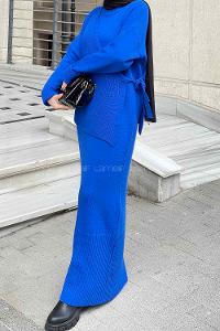 Lamelif Yelekli Triko Elbise Saks Mavisi