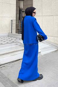 Lamelif Yelekli Triko Elbise Saks Mavisi