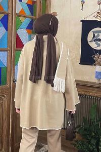 Lamelif Atkı Detaylı Triko Hırka Bej