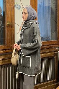 Lamelif Atkı Detaylı Triko Hırka Gri