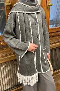 Lamelif Atkı Detaylı Triko Hırka Gri