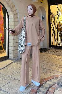 Lamelif Balance Armalı Çımalı İkili Tesettür Takım Camel