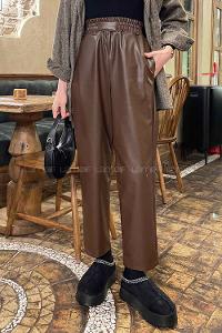 Bitter Brown Faux Leather High Waist Elastic Waist Comfortable Pants