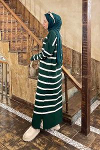 Lamelif Çizgi Detaylı Triko Elbise Zümrüt