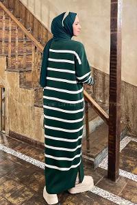 Lamelif Çizgi Detaylı Triko Elbise Zümrüt