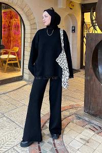 Lamelif Düz İkili Triko Tesettür Takım Siyah