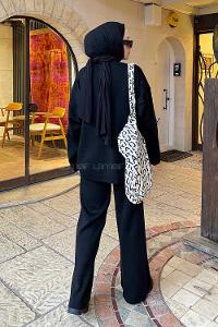 Lamelif Düz İkili Triko Tesettür Takım Siyah
