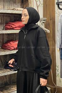 Lamelif  Şardonlu Fermuarlı  Hırka Siyah