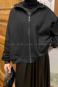 Lamelif  Şardonlu Fermuarlı  Hırka Siyah