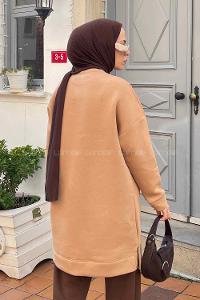 Lamelif Bisiklet Yaka Arma Detaylı Üç İplik Tunik Sütlü Kahve