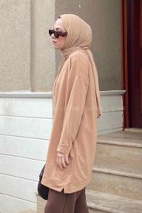Brown With Milk Mandarin Collar Long Arm Unprinted Sweatshirt