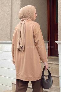 Brown With Milk Mandarin Collar Long Arm Unprinted Sweatshirt
