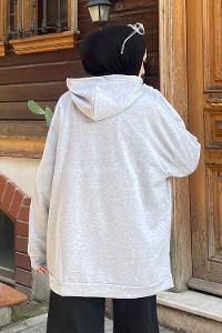 Lamelif Newyork Baskı Detaylı Kapüşonlu Sweatshirt Gri