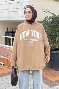 Lamelif Newyork Baskı Detaylı Kapüşonlu Sweatshirt Vizonrengi
