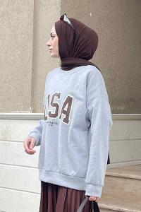 Lamelif Usa Baskı Detaylı Sweatshirt Kahverengi