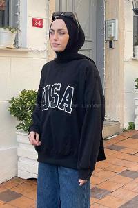 Lamelif Usa Baskı Detaylı Sweatshirt Siyah