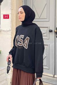 Lamelif Usa Baskı Detaylı Sweatshirt Siyah -Kahverengi