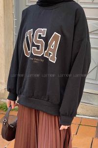 Lamelif Usa Baskı Detaylı Sweatshirt Siyah -Kahverengi