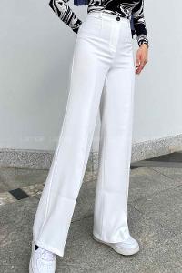 Lamelif Çımalı Bol Paça Pantolon Ekru