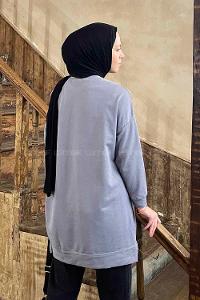 Lamelif Bisiklet Yaka Arma Detaylı Tunik Füme